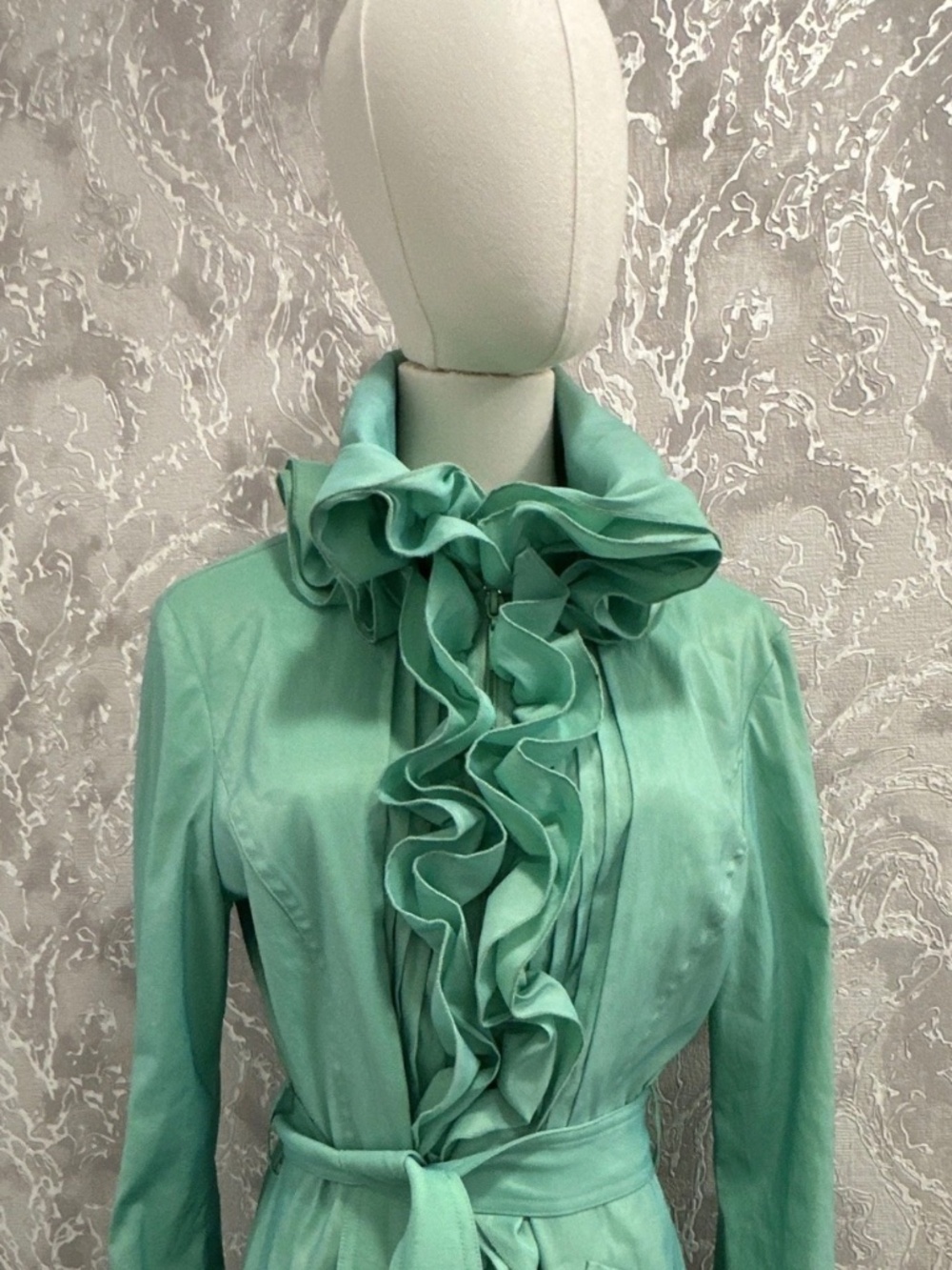 Samuel Dong Green Solid Jacket Dress Collared Long Sleeve Ruffle Belt Pockets S